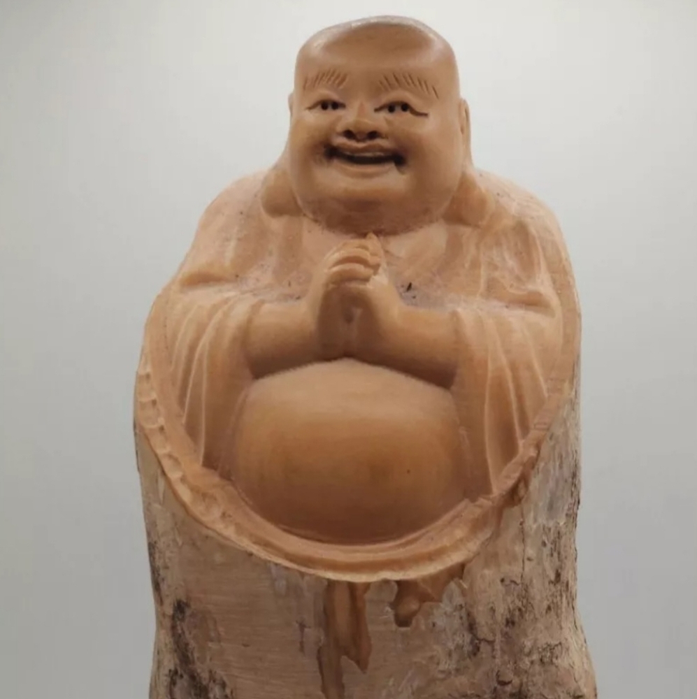 ASIAN Vintage Chinese Carved Buddha  Cypress Wood Statue  10" X  4"